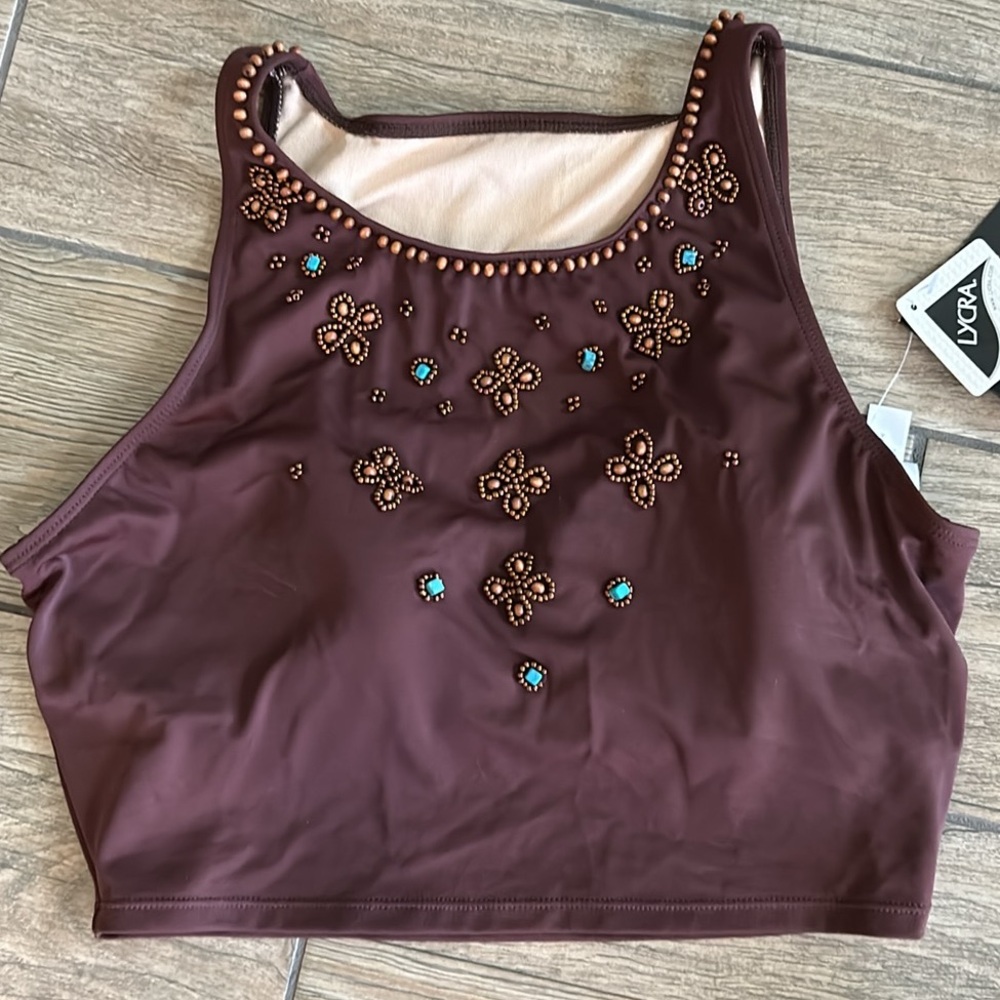 Brown Beaded Swim Top with Turquoise Size 10